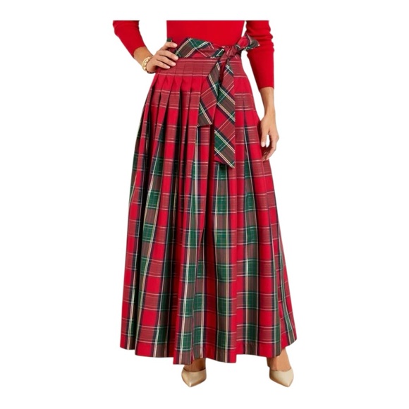 Talbots Red, Green, and Gold Plaid Taffeta Fit & Flare Skirt | Size 2P - Picture 1 of 3